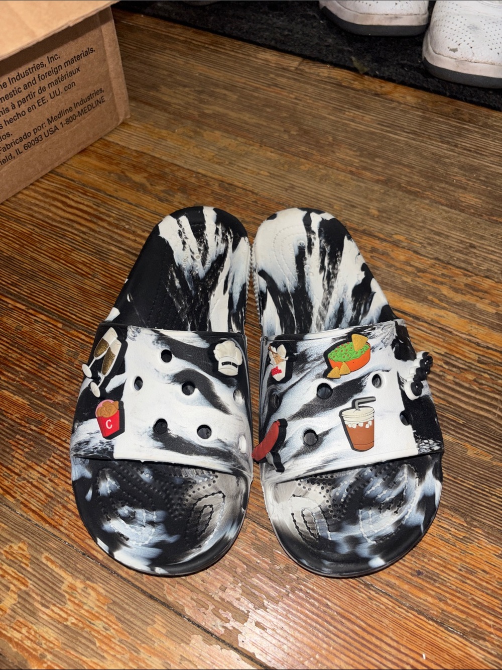 CROCS Black & White Tie-Dye Slide Sandals with Fun Charms